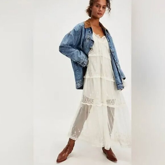 Free People NWOT Stevie Embroidered Mesh & Lace Maxi Dress in Tea - xs - Picture 2 of 6